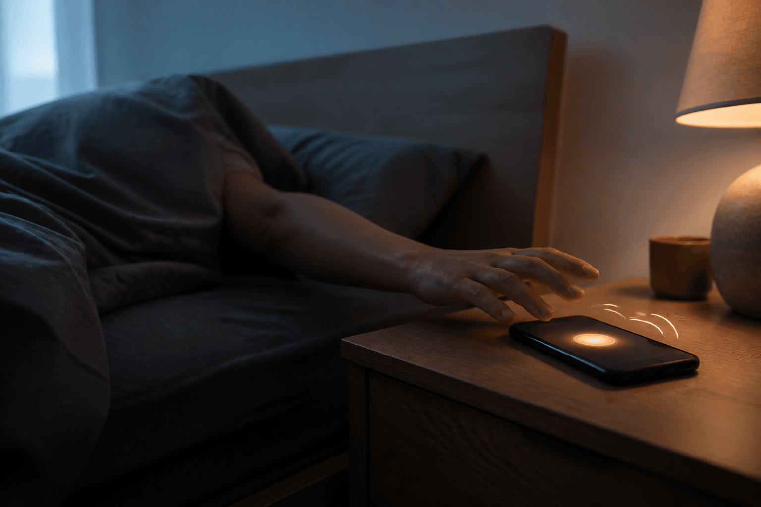 A sleepy person reaching from bed toward a ringing phone