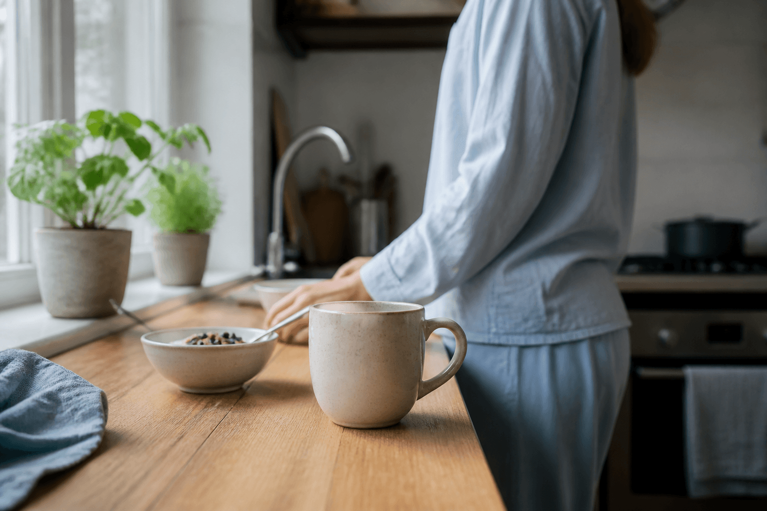 A person preparing breakfast beside a mug in a sunlit kitchen